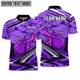 MaxCorners Bowling And Pins Purple Fire Customized Name, Team Name 3D Polo Shirt For Men