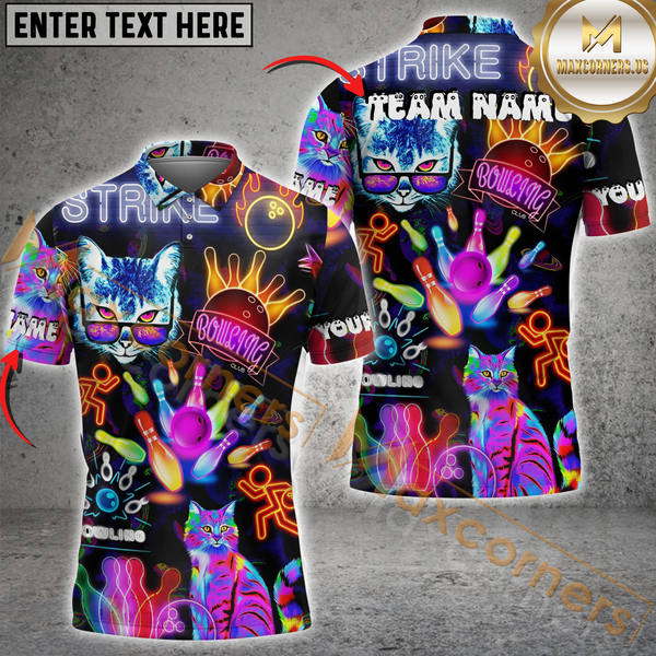 Maxcorners Bowling Psychedelic Cat Strike Personalized Name 3D Unisex Shirt