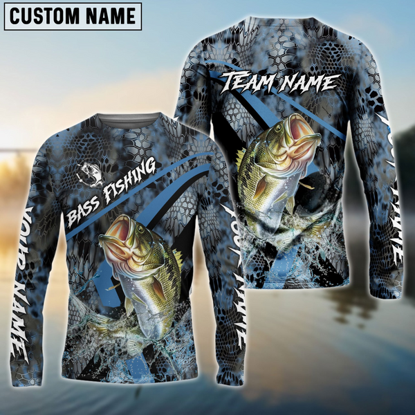 Maxcorners Bass Fishing Dark Skin Personalized Name, Team Name 3D Long Sleeve Shirt