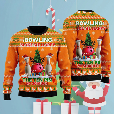 Maxcorners Bowling Make Me Happy The Ten Pin No So Much Ugly Christmas 3D Sweater