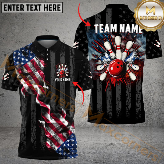 MaxCorners Bowling And Pins Black American Flag Smoke  Customized Name, Team Name 3D Shirt For Women