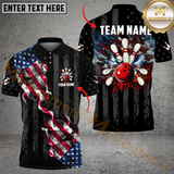 MaxCorners Bowling And Pins Black American Flag Smoke  Customized Name, Team Name 3D Polo Shirt For Men