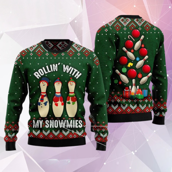 Maxcorners Bowling Rolling With My Snowmies Ugly Christmas 3D Sweater