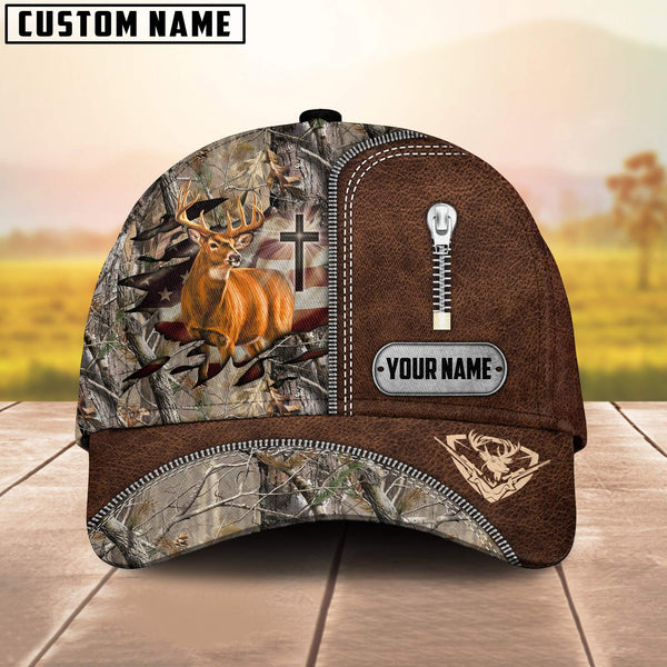 Maxcorners Cross America Hunting Deer Zipper Leather Pattern Personalized Hats 3D Multicolored