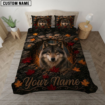 Maxcorners Black Brown Gray Wolf Autumn Leaves Rocky Cave Bedding Set 3D Print Custom Name
