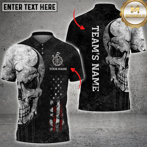 Maxcorners Darts Skull American Flag Customized Name, Team Name 3D Polo Shirt