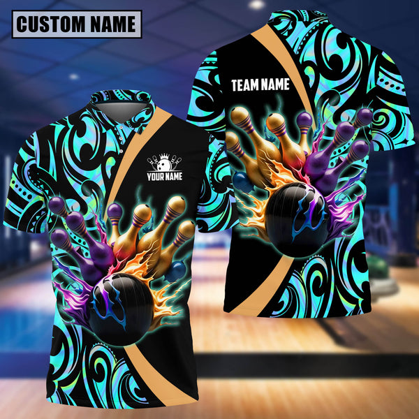 Maxcorners Flame Bowling And Pins Tatoo Pattern Premium Customized Name 3D Shirt