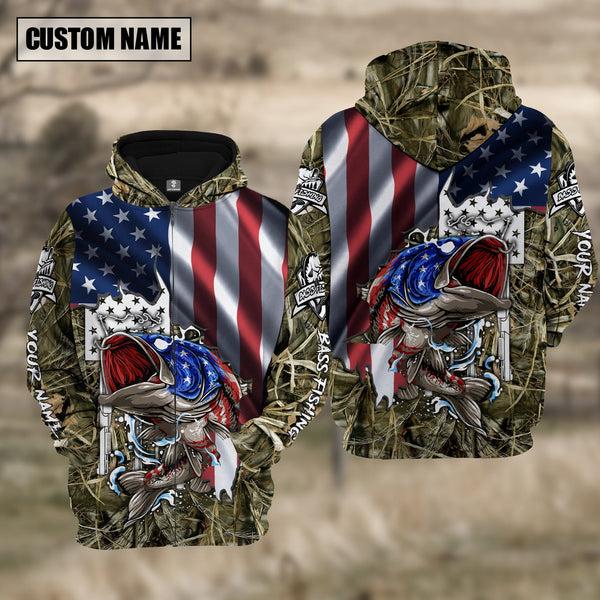 Maxcorners Ameican Flag Patriotic Largemouth Bass Camo Fishing Personalized Name, Team Name 3D Long Sleeve Shirt