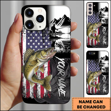 Maxcorners Walleye Fishing Patriotic USA Flag Mountain Angler Silhouette Personalized Name Phone Case