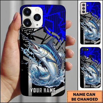 Maxcorners Marlin Fishing Dynamic Blue Geometric Splash Art Personalized Name Phone Case