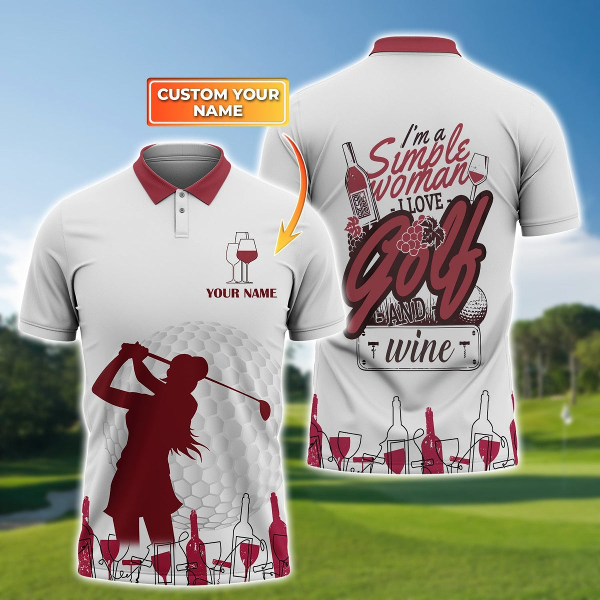 Maxcorners Golf And Wine Girl Customized Name 3D Shirt