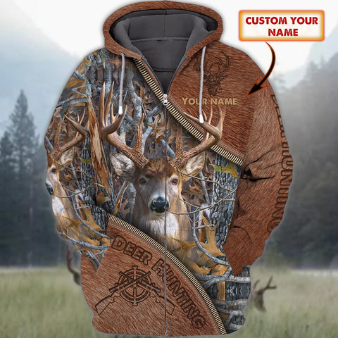 Maxcorners Custom Name Hunting Deer Leather Zip Pattern Shirt 3D All Over Printed Clothes