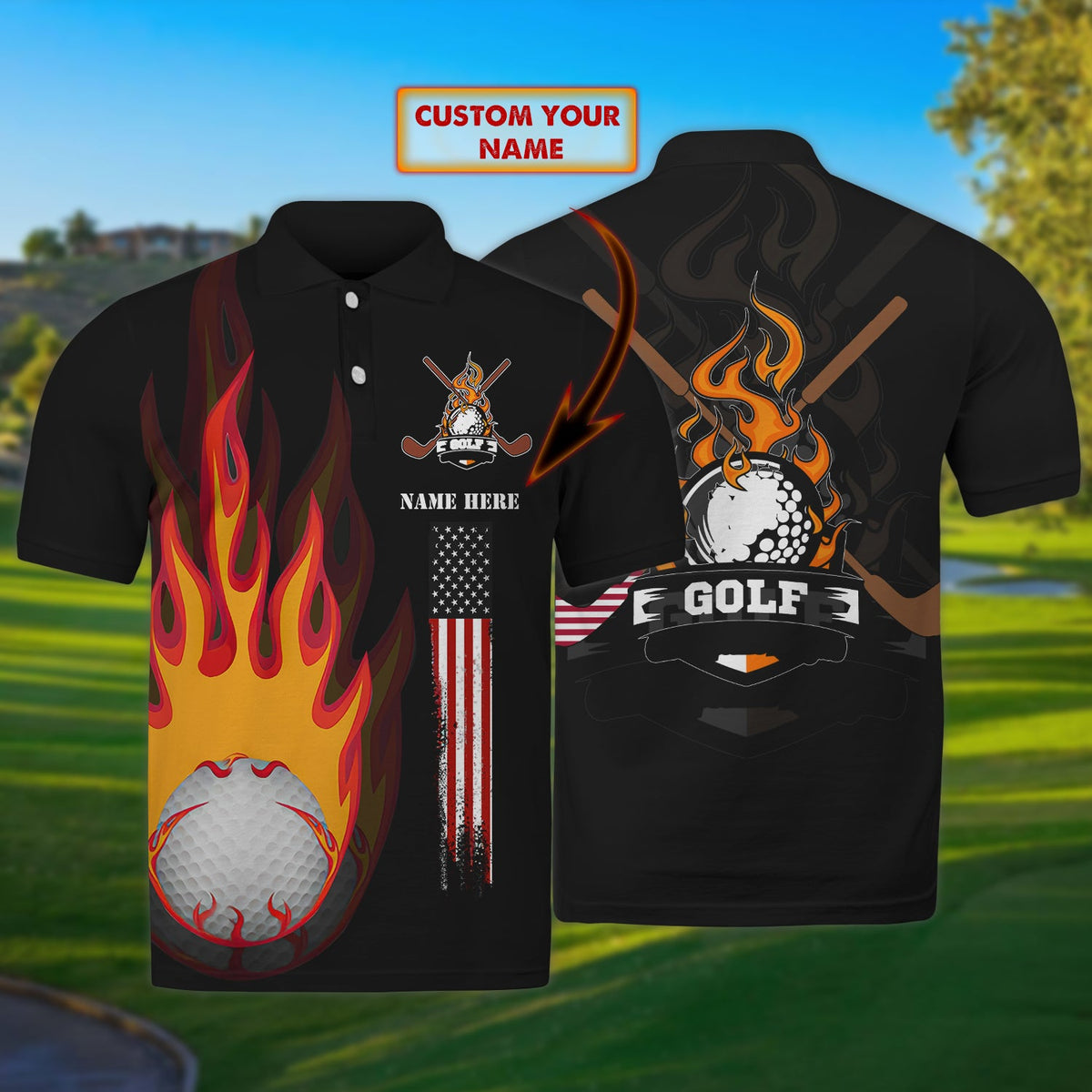 Maxcorners Golf Black Fire American Customized Name 3D Shirt