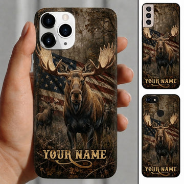 Maxcorners Hunting Moose Rustic American Flag Woodland Customized Name Phone Case
