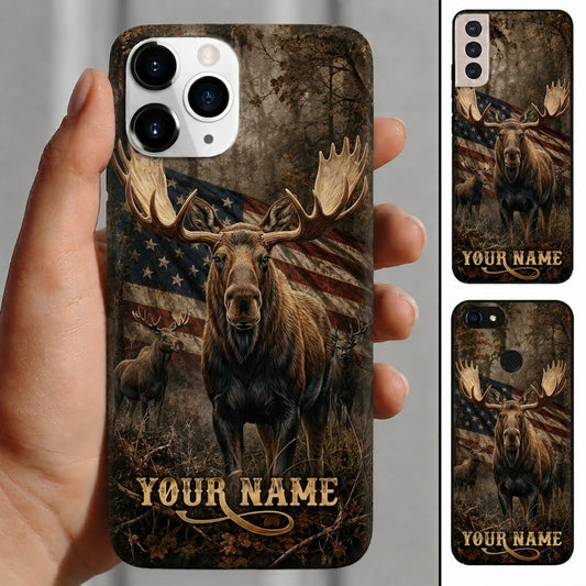 Maxcorners Hunting Moose Rustic American Flag Woodland Customized Name Phone Case