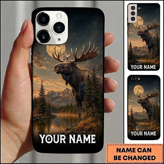 Maxcorners Hunting Roaring Moose Golden Moonlit Mountain Lake Customized Name Phone Case