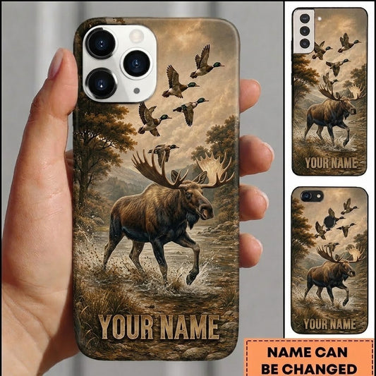 Maxcorners Hunting Moose Vintage Golden River Flying Ducks Customized Name Phone Case