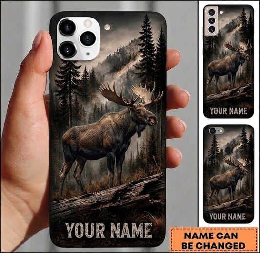 Maxcorners Hunting Moose Dark Misty Mountain Pine Forest Customized Name Phone Case