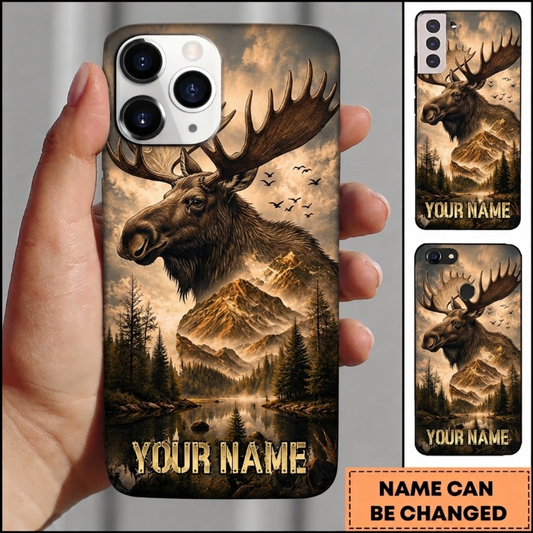 Maxcorners Hunting Moose Vintage Golden Mountain Forest Customized Name Phone Case