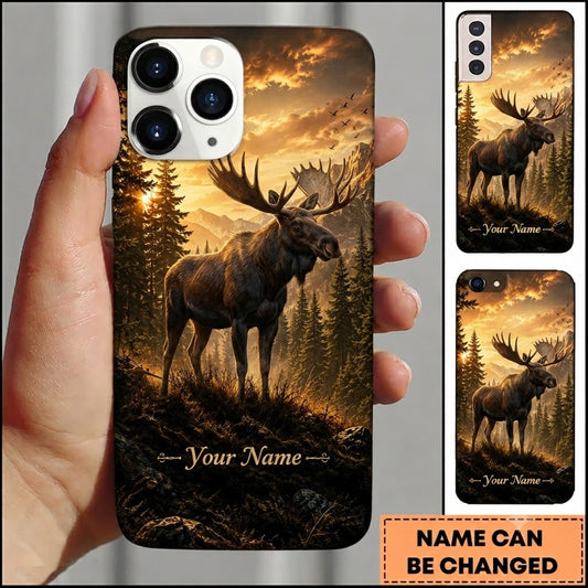 Maxcorners Hunting Moose Golden Sunset Mountain Forest Customized Name Phone Case