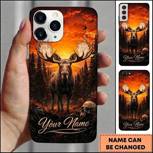 Maxcorners Hunting Majestic Moose Fiery Orange Sunset Mountain Forest Skull Customized Name Phone Case