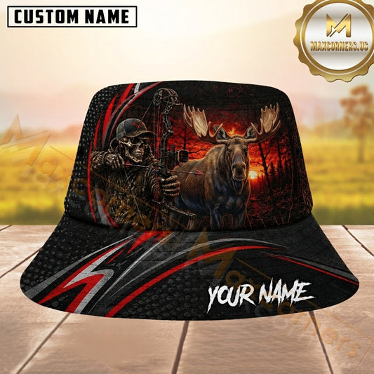 Maxcorners Moose Skeleton Bow Sunset Red Striped Personalized Name 3D Bucket Hat