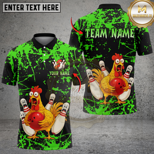 Maxcorners Chicken Bowling Shirt Funny Cartoon Strike Graphic Multicolor Options Personalized Name, Team Name 3D Shirt (4 Colors)