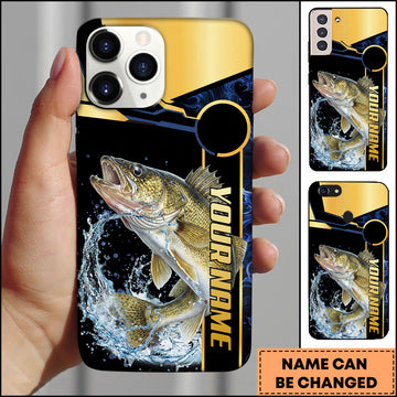 Maxcorners Walleye Fishing Black Gold Tech Frame Water Splash Personalized Name Phone Case
