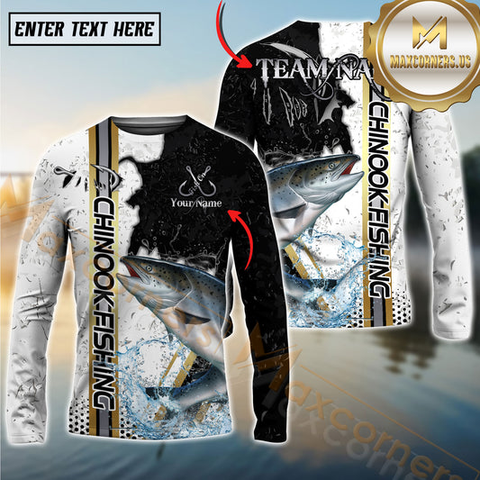 Maxcorners Chinook Fishing Split Grunge Splash Design Personalized Name, Team Name Long Sleeve Shirt