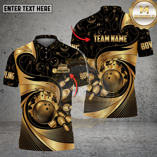 Maxcorners Bowling Shirt Golden Retro Bowling Ball Multicolor Options Personalized Name, Team Name 3D Shirt (4 Colors)