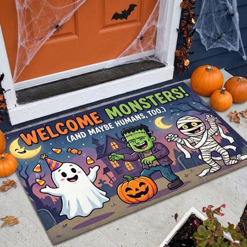 Maxcorners Halloween Welcome Monsters And Maybe Humans Too Cute Ghost Frankenstein Mummy Party 3D Doormat