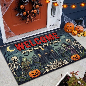 Maxcorners Halloween Welcome To Your Doom Now Go Away Skeleton Zombie Haunted House 3D Doormat