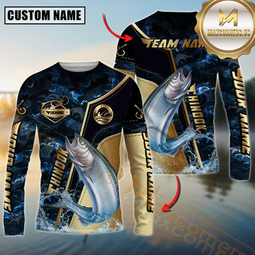 Maxcorners Chinook Fishing Ocean Wave Gold Luxury Pattern Personalized Name, Team Name Long Sleeve Shirt