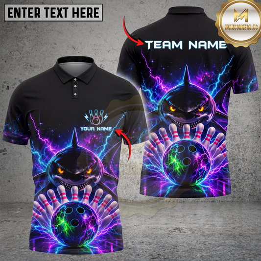 Maxcorners Bowling Shirt Electric Shark Strike Lightning Energy Design Multicolor Options Personalized Name, Team Name 3D Shirt (4 Colors)