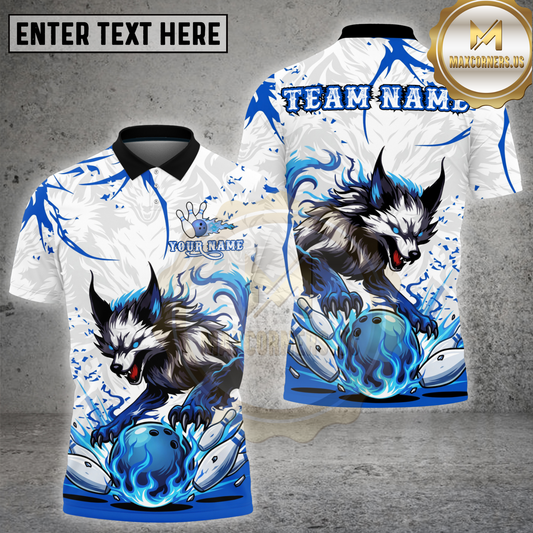 Maxcorners Wolf Bowling Strike Blue Flame Action Multicolor Options Personalized Name, Team Name 3D Shirt (4 Colors)