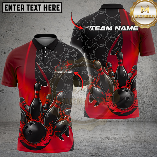 Maxcorners Bowling Shirt Fire Strike Black Red Flame Pins Design Multicolor Options Personalized Name, Team Name 3D Shirt (4 Colors)