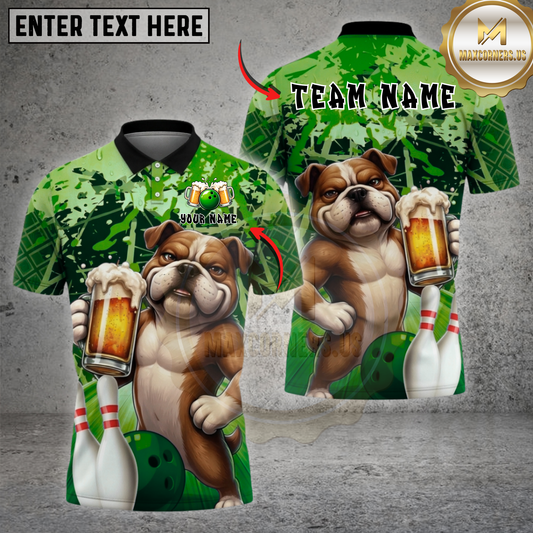 Maxcorners Funny Bulldog Bowling Beer Shirt Cool Dog Drinking Beer Design Multicolor Options Personalized Name, Team Name 3D Shirt (4 Colors)