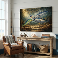 Maxcorners Underwater Battle for the Lure Fish Art – Mahi Mahi, Wahoo & Bluefin Tuna Painting Matte Canvas LM0101