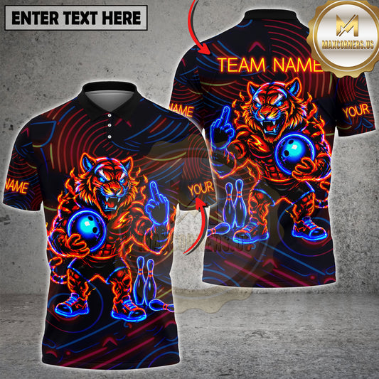 Maxcorners Bowling Tiger Shirt Neon Fire Fierce Tiger Graphic Multicolor Options Personalized Name, Team Name 3D Shirt (2 Colors)