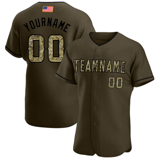 Maxcorners Custom Olive Camo-City Cream Premium American Flag Fashion Salute To Service Baseball Jersey LM0210