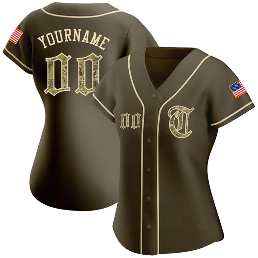 Maxcorners Custom Olive Camo-Black Premium American Flag Fashion Salute To Service Baseball Jerseys LM0210