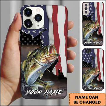 Maxcorners Bass Fishing American Flag Patriotic Splash Personalized Name Phone Case