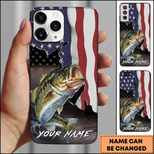 Maxcorners Bass Fishing American Flag Patriotic Splash Personalized Name Phone Case