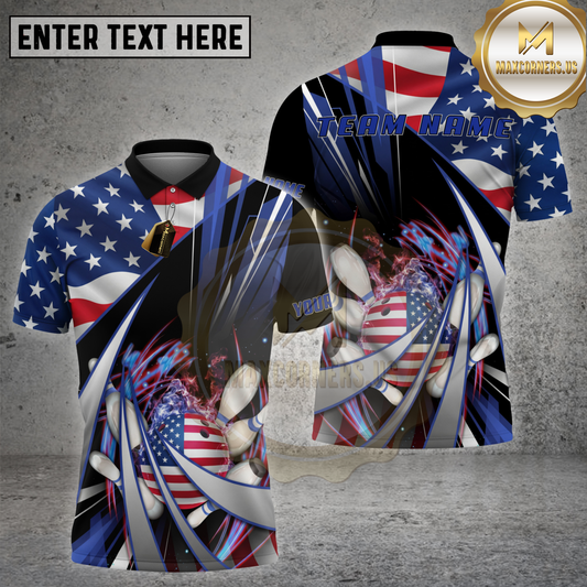 Maxcorners Bowling Shirt Patriotic Stars Stripes Strike Burst Multi Options Personalized Name, Team Name 3D Shirt