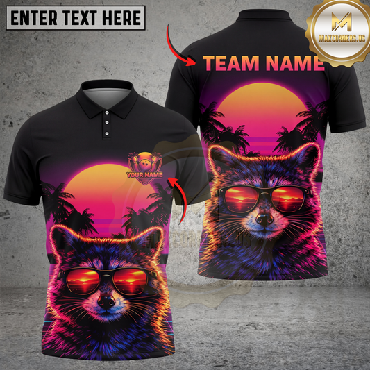 Maxcorners Raccoon Sunset Bowling Shirt Retro Vaporwave Style Multicolor Options Personalized Name, Team Name 3D Shirt (4 Colors)