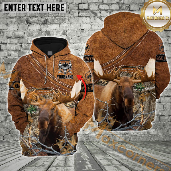 Maxcorners Leather Camo Hunting Custom Name Shirt 3D All Over Printed Clothes (Moose, Deer, Elk, Duck)