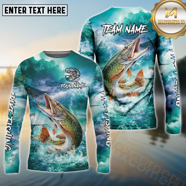 Maxcorners Pike Fishing Storm Ocean Style Pattern Sport Jersey Personalized Name, Team Name Long Sleeve Shirt