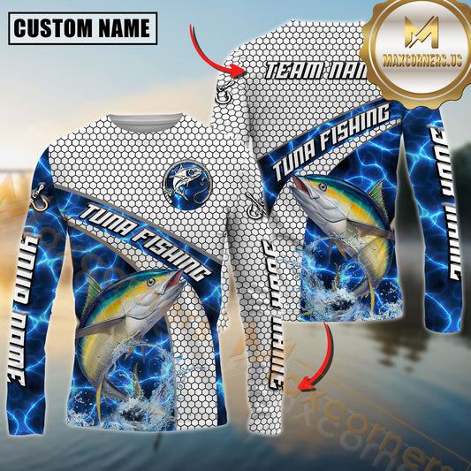 Maxcorners Tuna Fishing Honeycomb Electric Water Splash Personalized Name, Team Name Long Sleeve Shirt