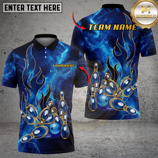 Maxcorners Bowling Shirt Blue Lightning Strike Pins Energy Flame Design Multicolor Options Personalized Name, Team Name 3D Shirt (4 Colors)