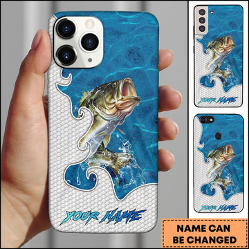 Maxcorners Bass Fishing Ocean Blue Wave Scale Pattern Splash Personalized Name Phone Case